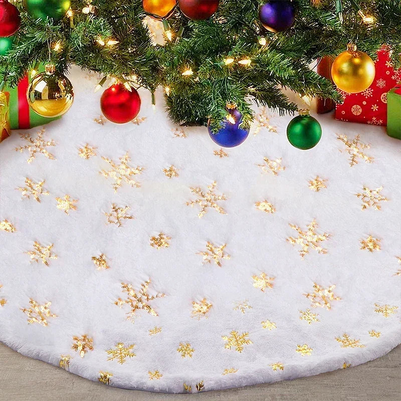 Plush Christmas Tree Skirt White Snowflakes Faux